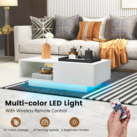Coffee table with 20 colors LED lights and remote control 95 x 55 x 31 cm White