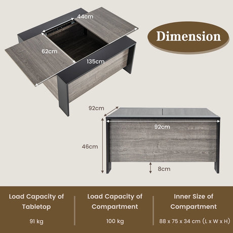 36.5 Inch Coffee Table with Sliding Top and Hidden Compartment-Gray