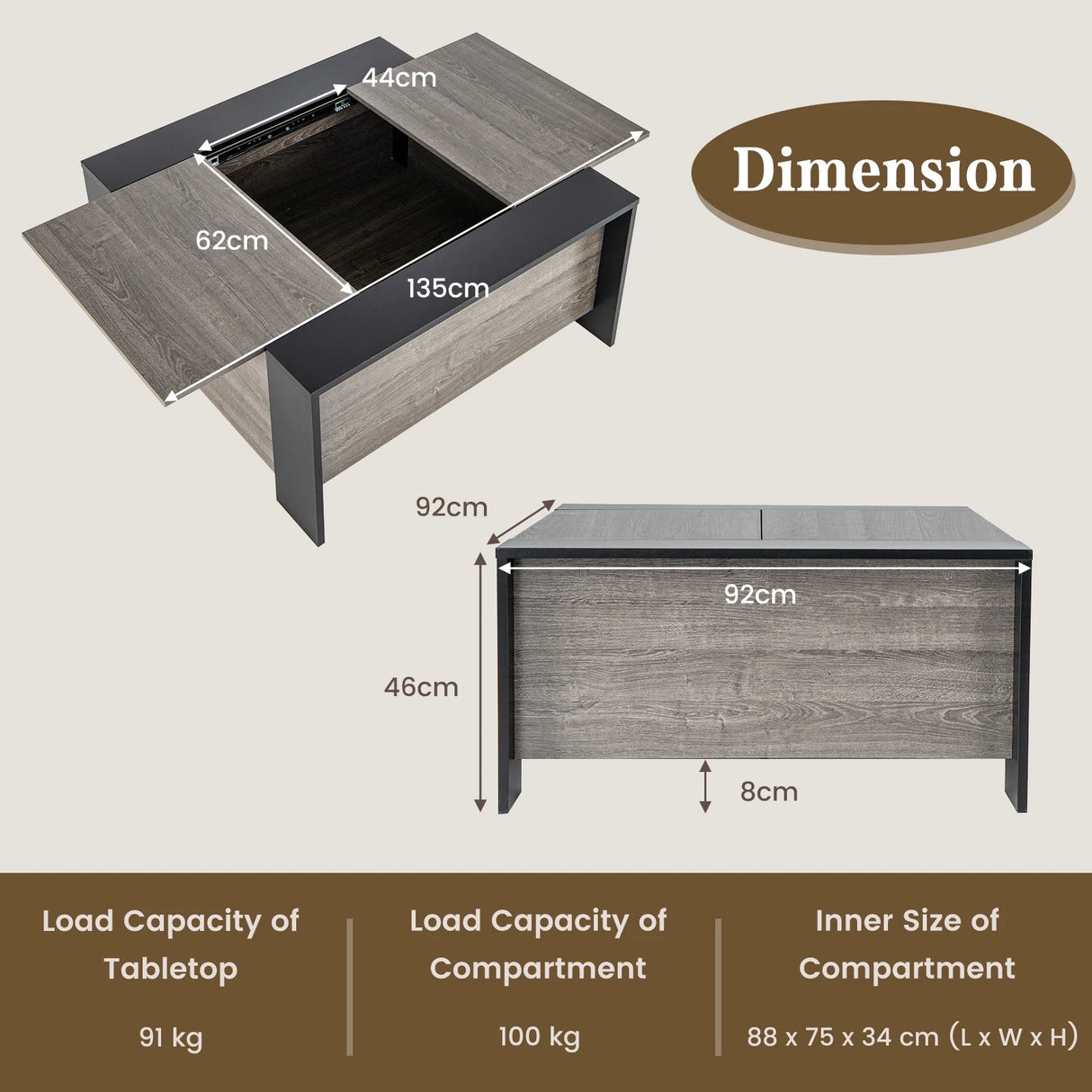 36.5 Inch Coffee Table with Sliding Top and Hidden Compartment-Gray