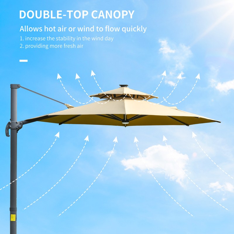 Outsunny 3m Cantilever Parasol w/ Solar Lights Power Bank Base 360° Spin Khaki