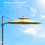 Outsunny 3m Cantilever Parasol w/ Solar Lights Power Bank Base 360° Spin Khaki