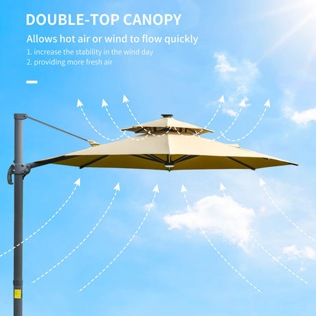 Outsunny 3m Cantilever Parasol w/ Solar Lights Power Bank Base 360 Spin Khaki