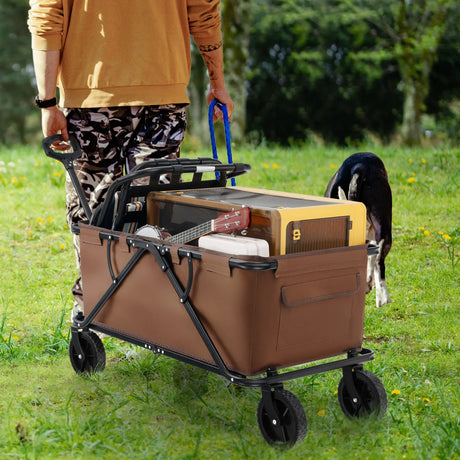 Collapsible Folding Wagon Cart with Adjustable Handlebar-Coffee