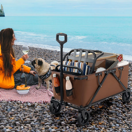Collapsible Folding Wagon Cart with Adjustable Handlebar-Coffee