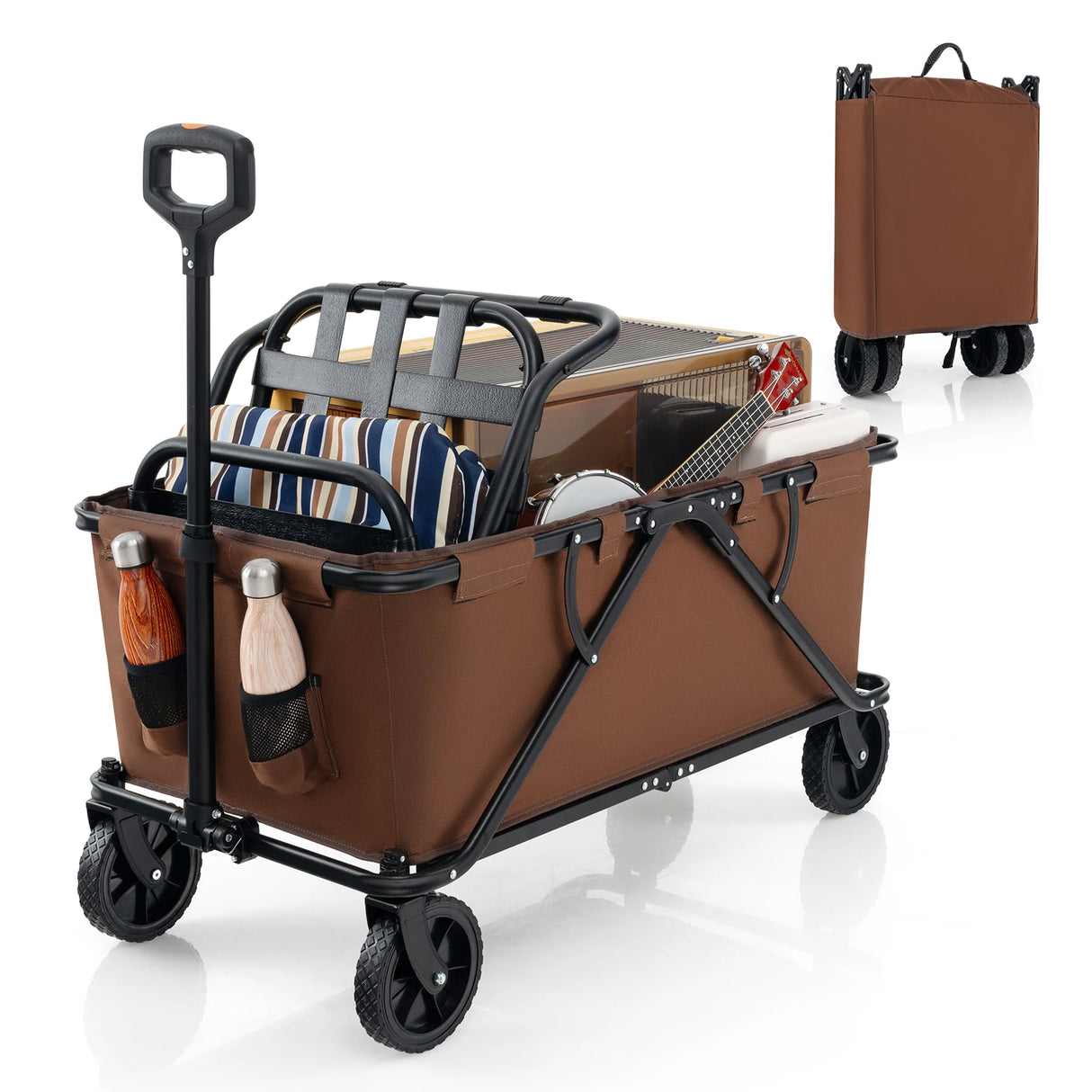 Collapsible Folding Wagon Cart with Adjustable Handlebar-Coffee