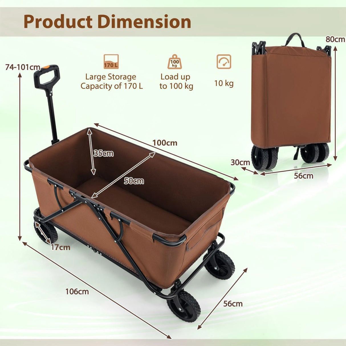 Collapsible Folding Wagon Cart with Adjustable Handlebar-Coffee