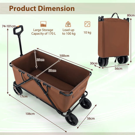 Collapsible Folding Wagon Cart with Adjustable Handlebar-Coffee
