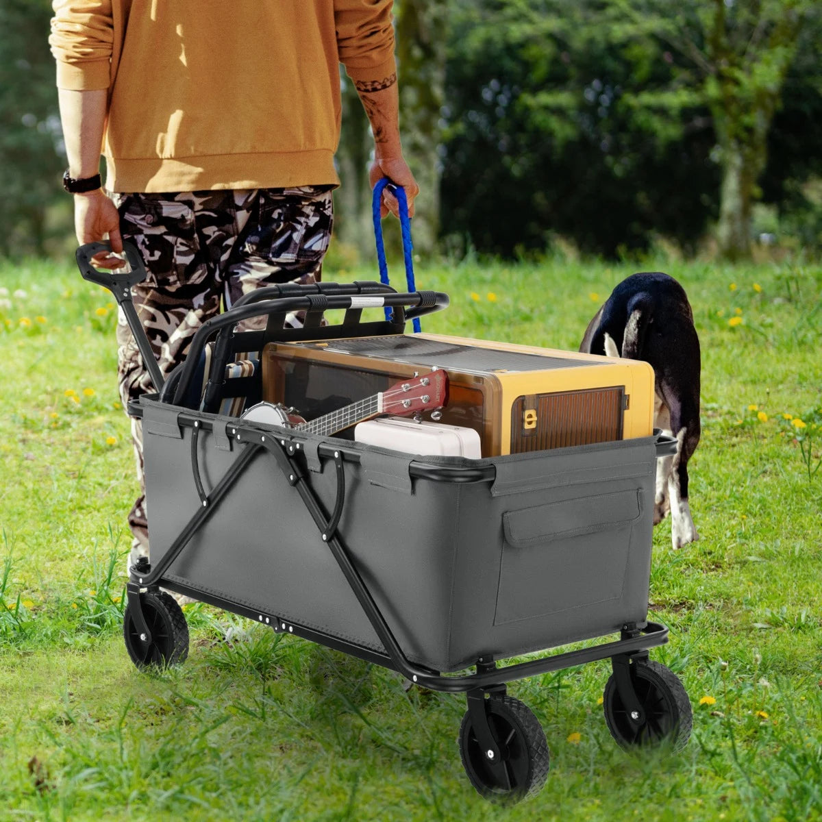 Collapsible Folding Wagon Cart with Adjustable Handlebar-Gray