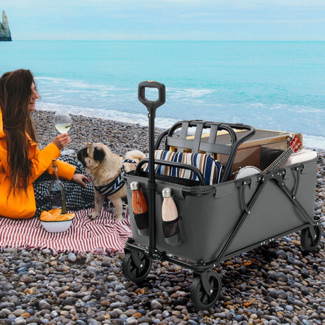 Collapsible Folding Wagon Cart with Adjustable Handlebar-Gray