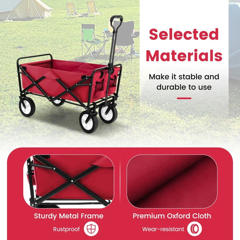 eavy Duty Camping Garden Cart with Adjustable Handle and Drink Holders-Red