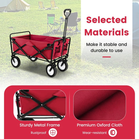 eavy Duty Camping Garden Cart with Adjustable Handle and Drink Holders-Red