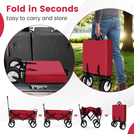 eavy Duty Camping Garden Cart with Adjustable Handle and Drink Holders-Red