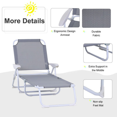 Outsunny Foldable Sun Lounger, Outdoor 4 Level Adjustable Backrest Reclining Lounge Chair with Armrests for Patio, Garden, Grey