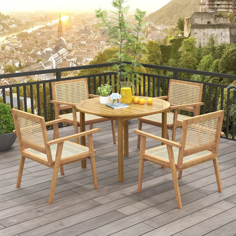 Outdoor Wood Chair with Rattan Seat and Curved Backrest for Backyard Porch Balcony