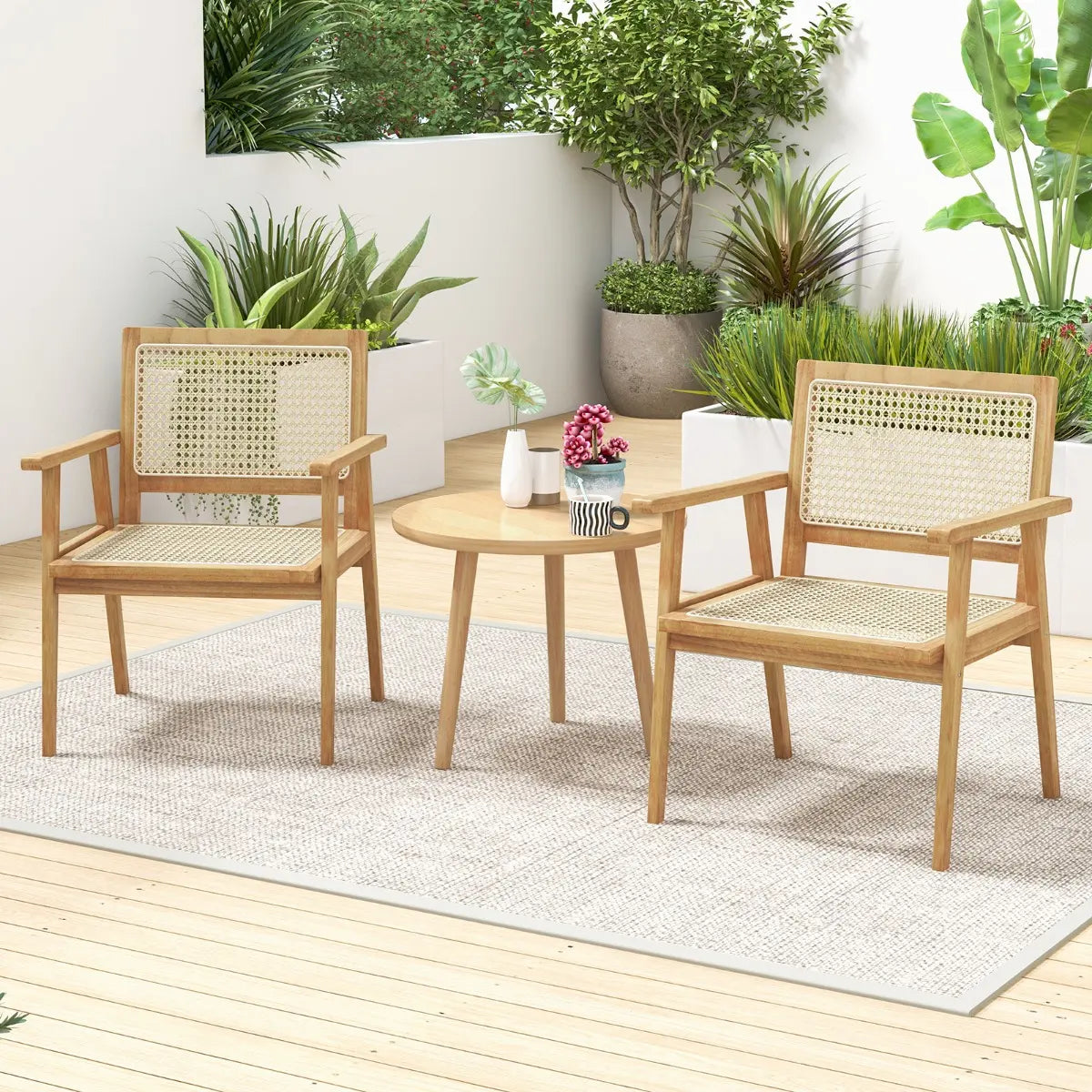Outdoor Wood Chair with Rattan Seat and Curved Backrest for Backyard Porch Balcony