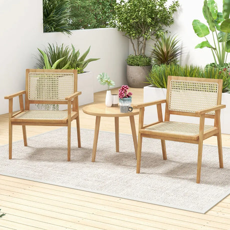 Outdoor Wood Chair with Rattan Seat and Curved Backrest for Backyard Porch Balcony