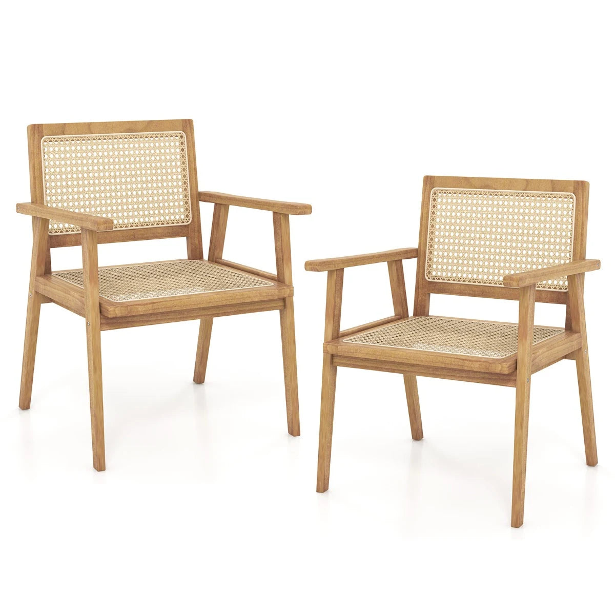 Outdoor Wood Chair with Rattan Seat and Curved Backrest for Backyard Porch Balcony