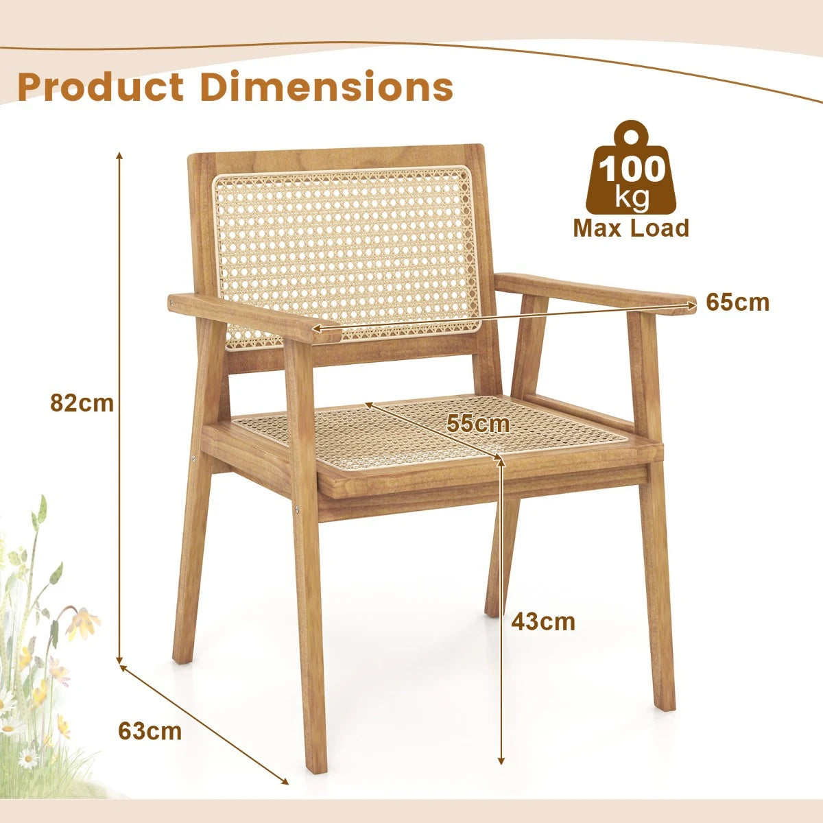 Outdoor Wood Chair with Rattan Seat and Curved Backrest for Backyard Porch Balcony