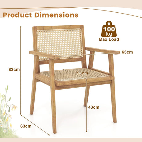 Outdoor Wood Chair with Rattan Seat and Curved Backrest for Backyard Porch Balcony