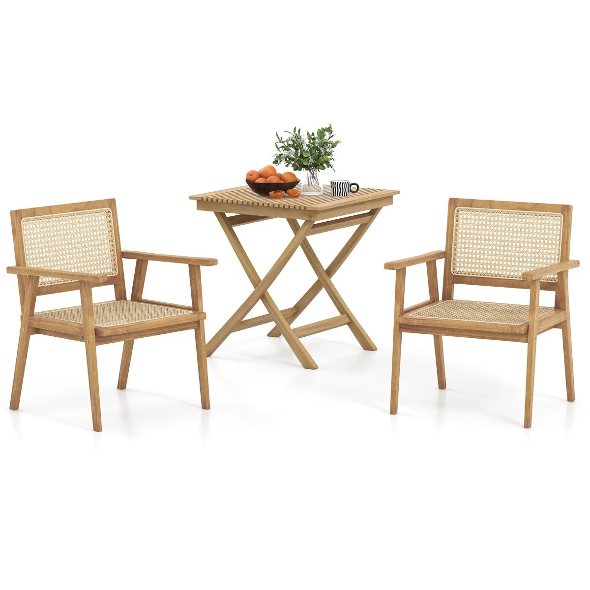 Outdoor Wood Chair with Rattan Seat and Curved Backrest for Backyard Porch Balcony