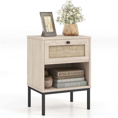 Rattan Nightstand Boho End Table with Rattan Drawer & Open Shelf-Oak