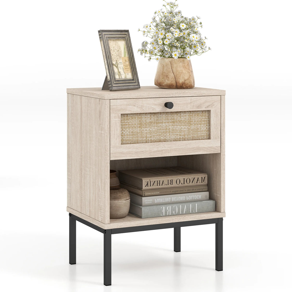 Rattan Nightstand Boho End Table with Rattan Drawer & Open Shelf-Oak