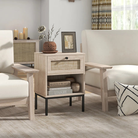 Rattan Nightstand Boho End Table with Rattan Drawer & Open Shelf-Oak