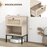 Rattan Nightstand Boho End Table with Rattan Drawer & Open Shelf-Oak