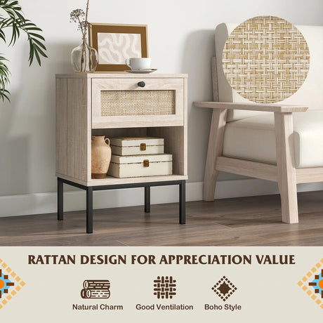 Rattan Nightstand Boho End Table with Rattan Drawer & Open Shelf-Oak