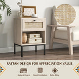 Rattan Nightstand Boho End Table with Rattan Drawer & Open Shelf-Oak