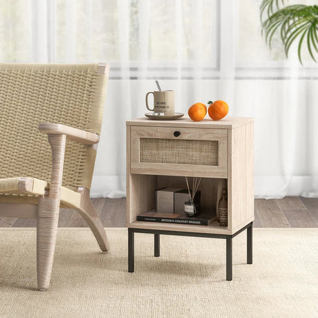 Rattan Nightstand Boho End Table with Rattan Drawer & Open Shelf-Oak