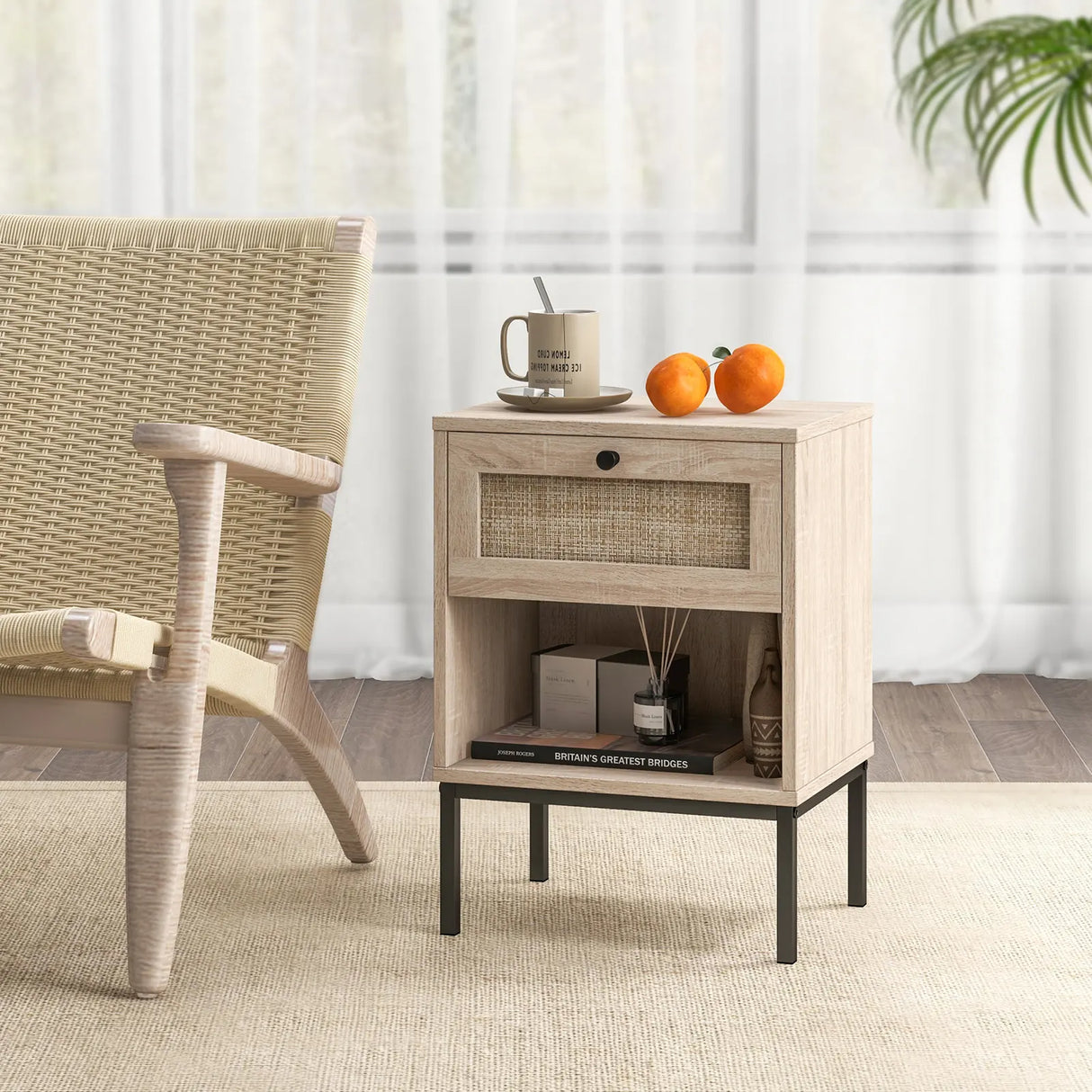 Rattan Nightstand Boho End Table with Rattan Drawer & Open Shelf-Oak