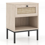 Rattan Nightstand Boho End Table with Rattan Drawer & Open Shelf-Oak