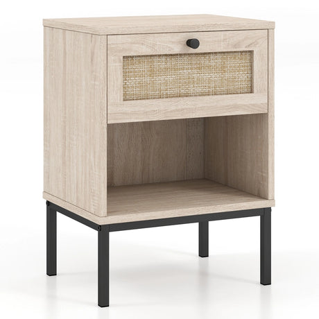 Rattan Nightstand Boho End Table with Rattan Drawer & Open Shelf-Oak