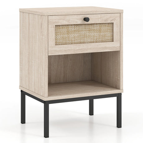 Rattan Nightstand Boho End Table with Rattan Drawer & Open Shelf-Oak