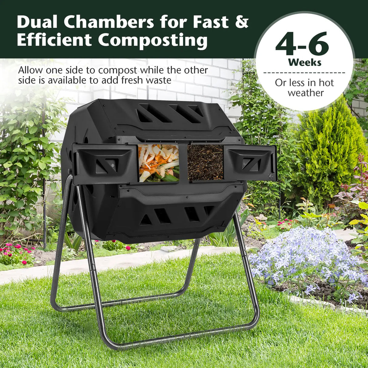 Compost Bin 160L Dual Chamber Composting Tumbler with Sliding Doors-Black