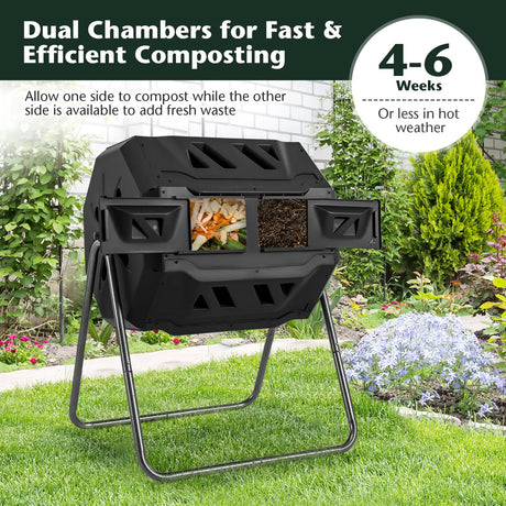 Compost Bin 160L Dual Chamber Composting Tumbler with Sliding Doors-Black