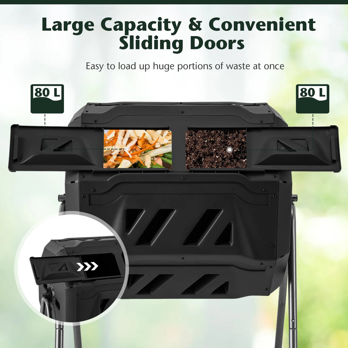 Compost Bin 160L Dual Chamber Composting Tumbler with Sliding Doors-Black