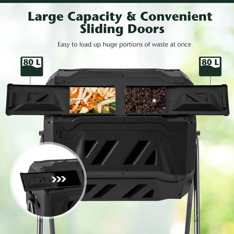Compost Bin 160L Dual Chamber Composting Tumbler with Sliding Doors-Black