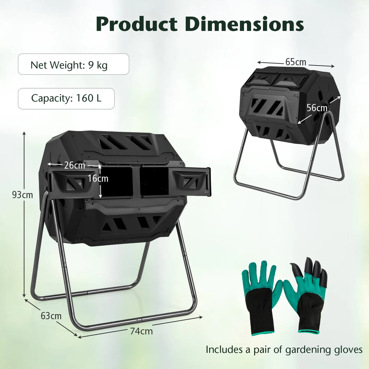 Compost Bin 160L Dual Chamber Composting Tumbler with Sliding Doors-Black