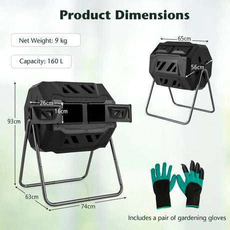 Compost Bin 160L Dual Chamber Composting Tumbler with Sliding Doors-Black