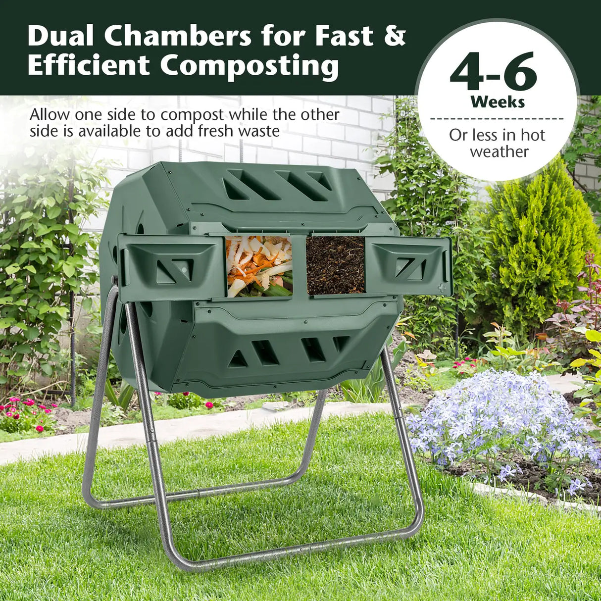 Compost Bin 160L Dual Chamber Composting Tumbler with Sliding Doors-Green
