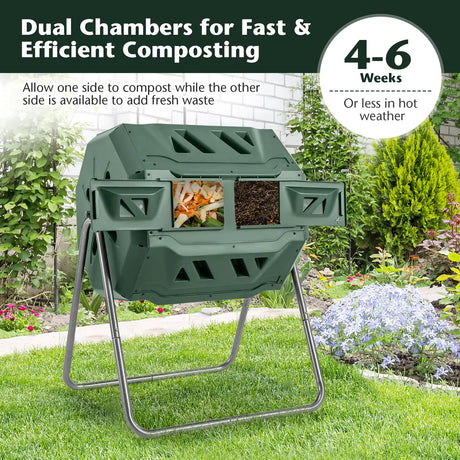 Compost Bin 160L Dual Chamber Composting Tumbler with Sliding Doors-Green