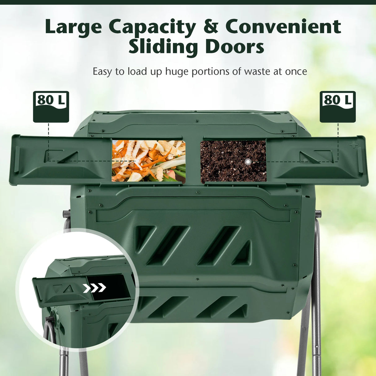 Compost Bin 160L Dual Chamber Composting Tumbler with Sliding Doors-Green