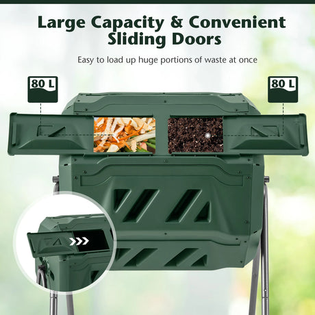 Compost Bin 160L Dual Chamber Composting Tumbler with Sliding Doors-Green