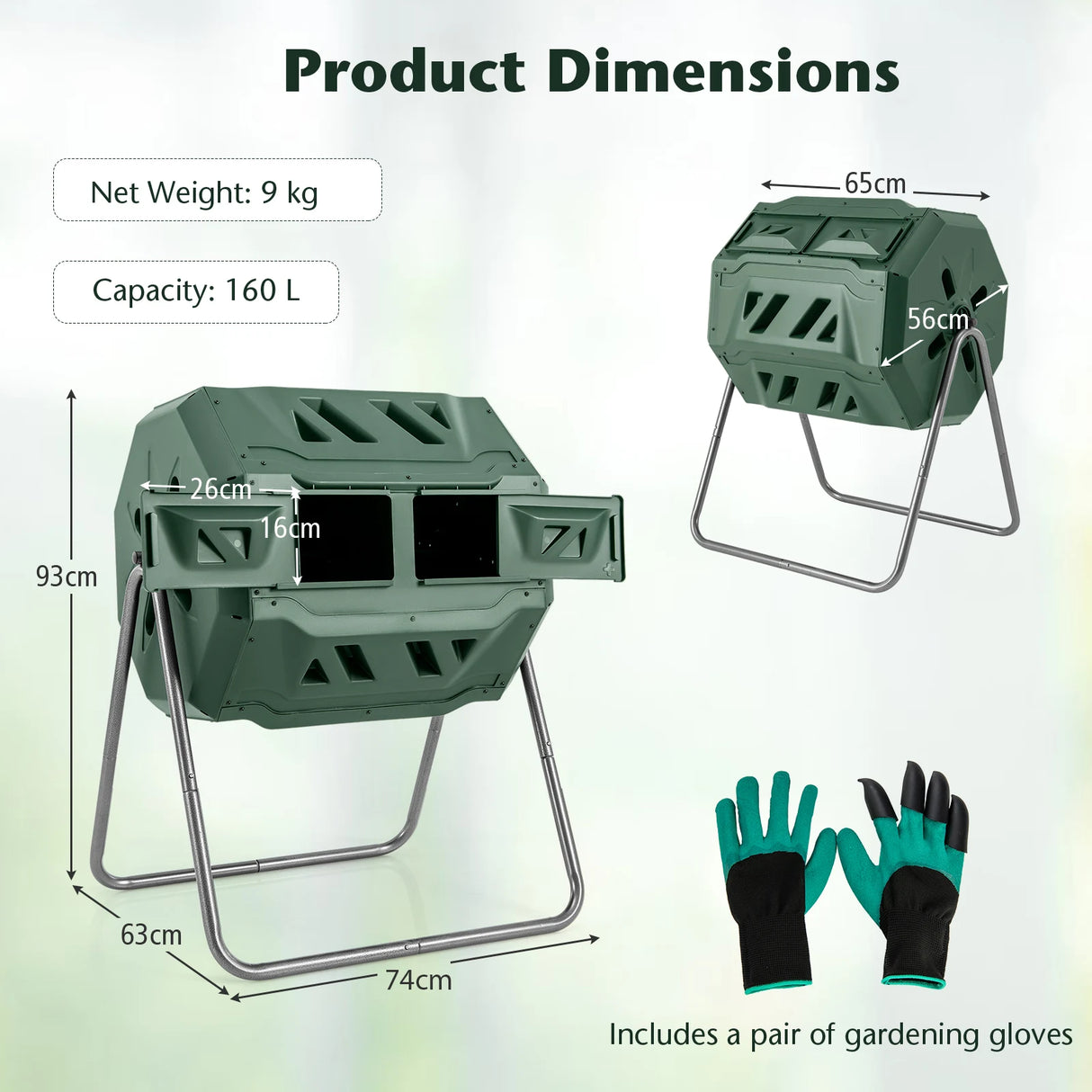 Compost Bin 160L Dual Chamber Composting Tumbler with Sliding Doors-Green