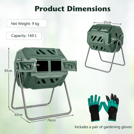 Compost Bin 160L Dual Chamber Composting Tumbler with Sliding Doors-Green