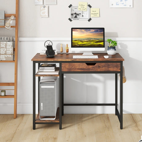 100 cm Computer Desk Computer Workstation with Drawer and Adjustable Shelf-Rustic Brown