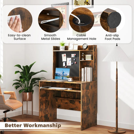 Computer Desk with Magnetic Bulletin Board and Keyboard Tray-Rustic Brown