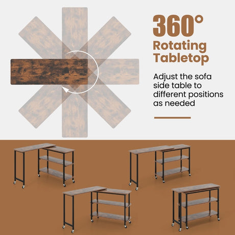 360 Free Rotating Sofa Side Table with Swivel and Sliding Tabletop-Rustic Brown